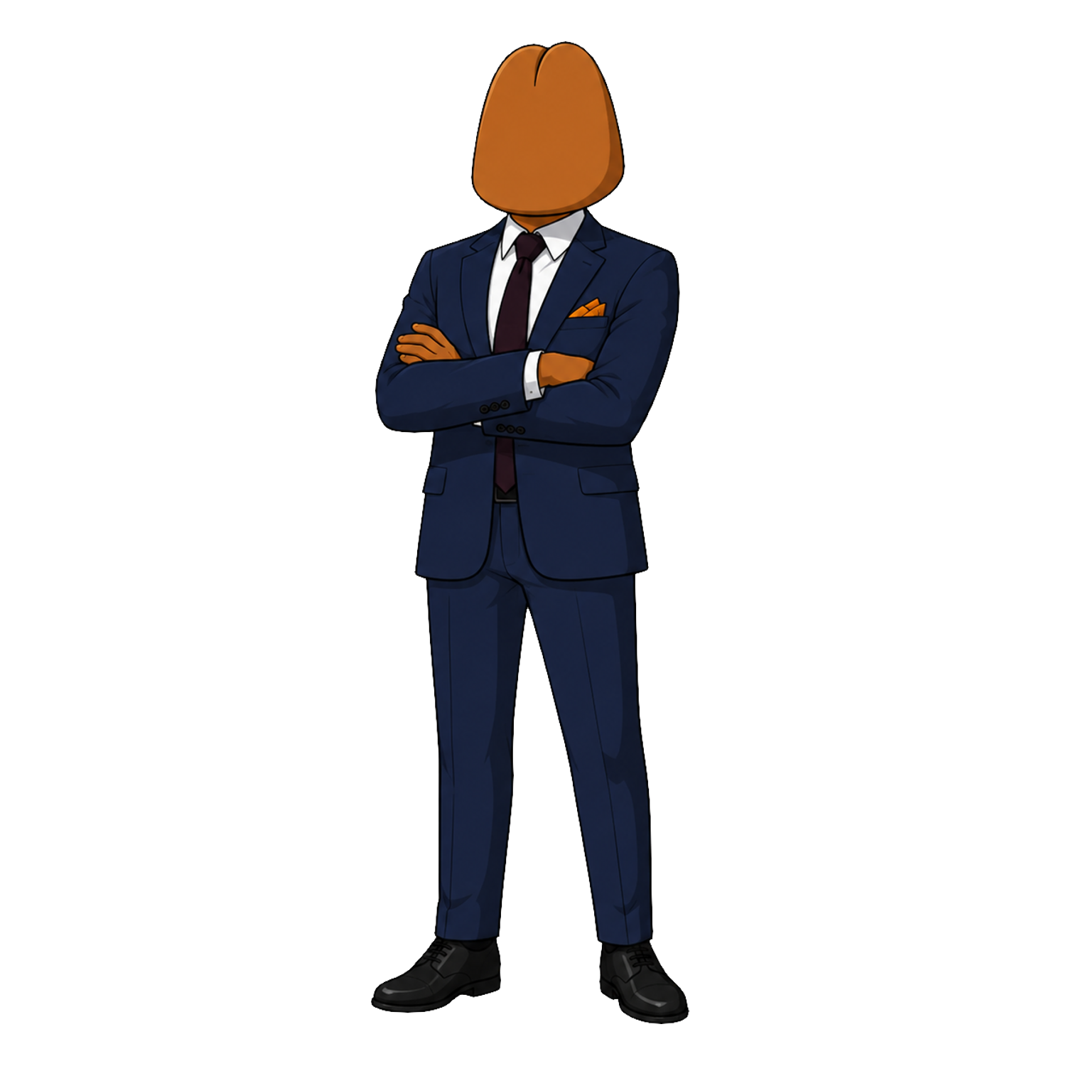 BlackCock mascot — a confident character in a navy suit with arms crossed